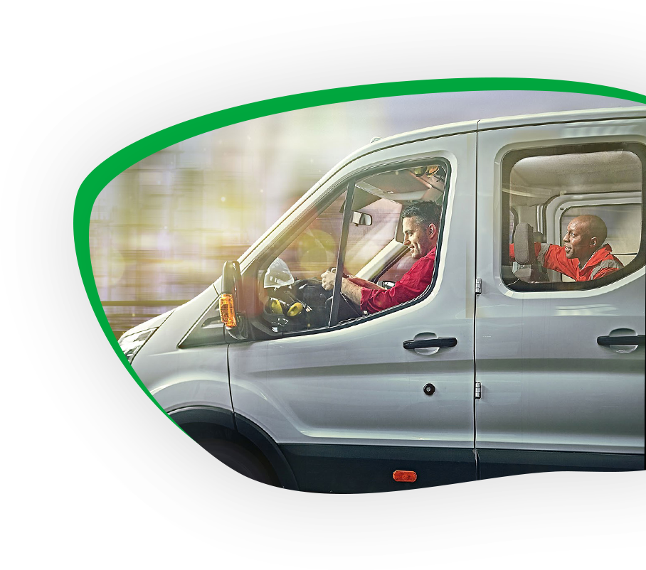 Two men in a white van wearing high visability jackets. Picture in a blob shape with green shadow.