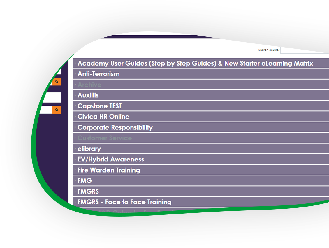 Screenshot of Redde Northgate's LMS with a list of off-the-shelf courses that they use. Picture in a blob shape with a green shadow.