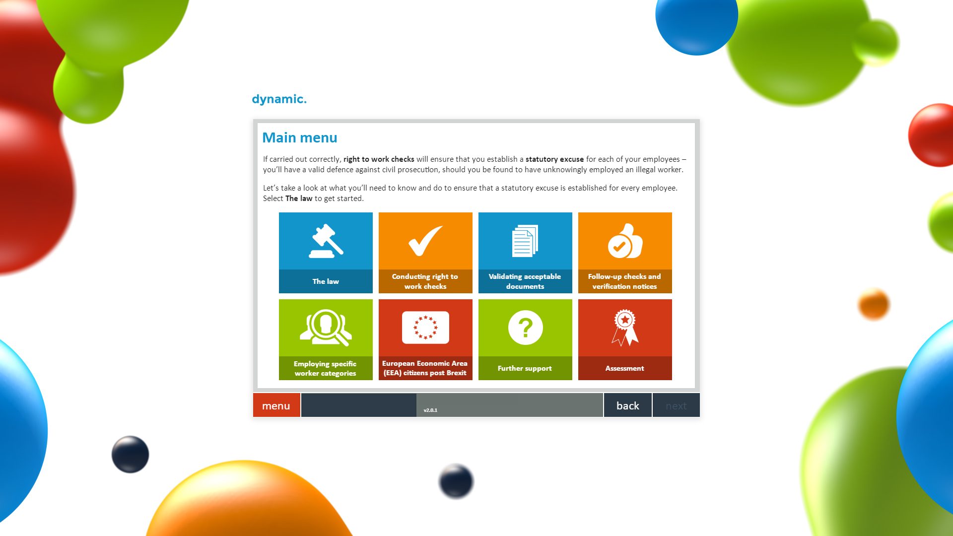 An example page for Dynamic's off-the-shelf eLearning module, right to work.