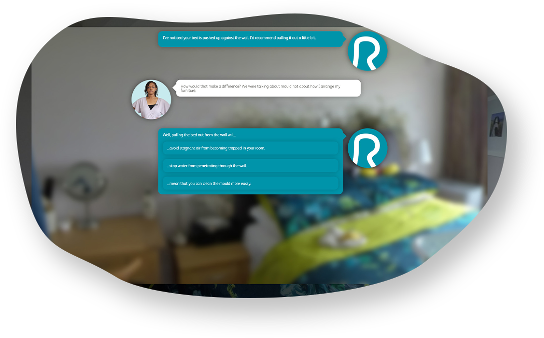 A screenshot from an interactive conversation within the bedroom scene of the 360 panorama.